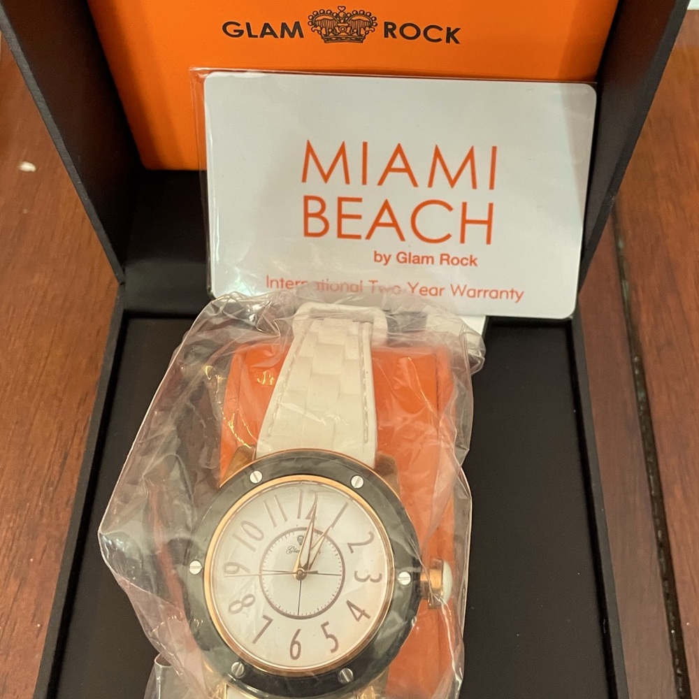 Glam rock stainless steel with white band. This is new never been used.